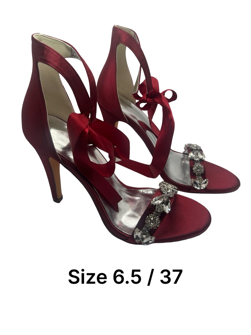 Elegant Red Satin Crystal-Embellished High Heel Sandals - 6.5